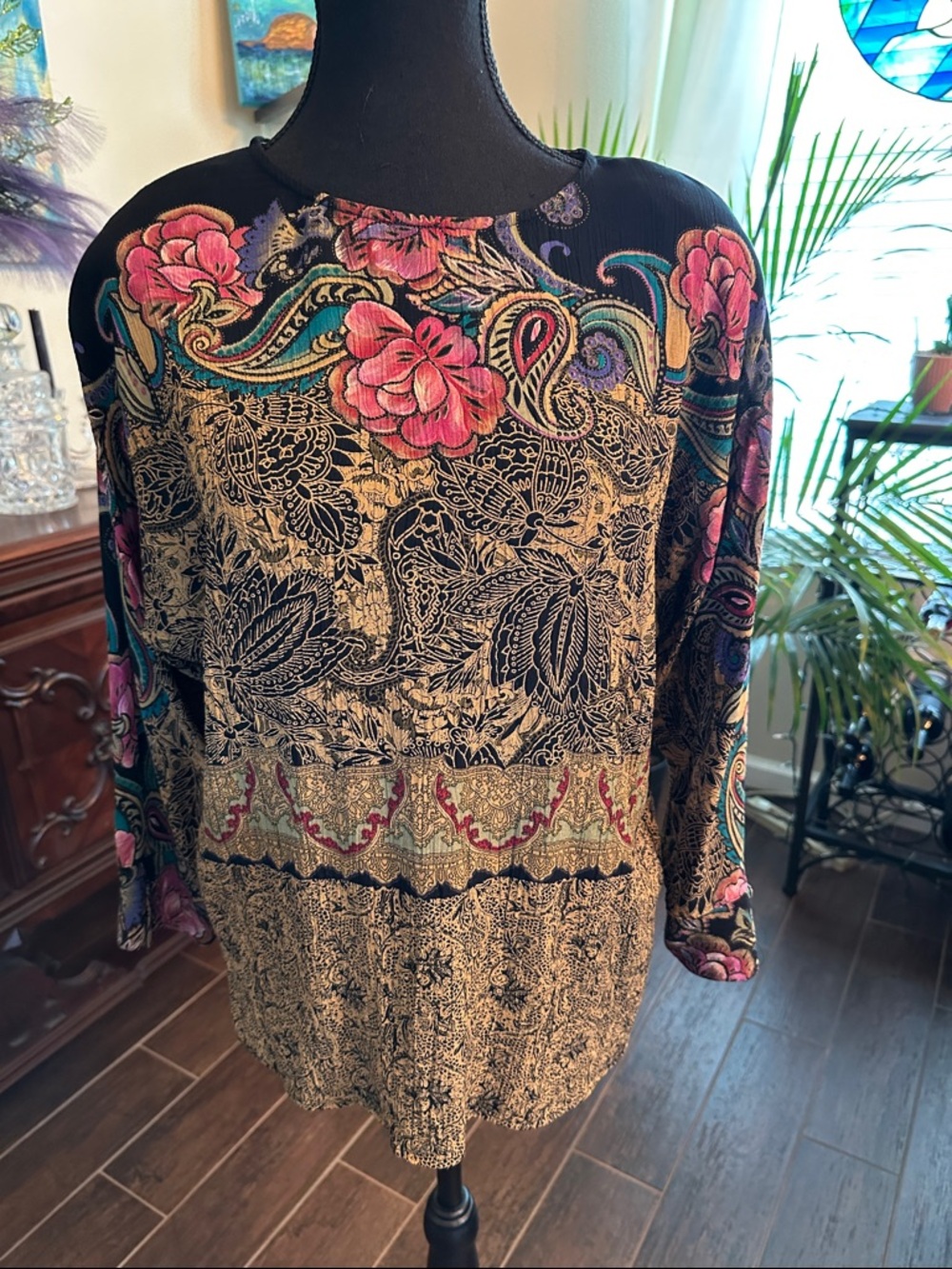 Carole Little Black and Gold Paisley Knit Top